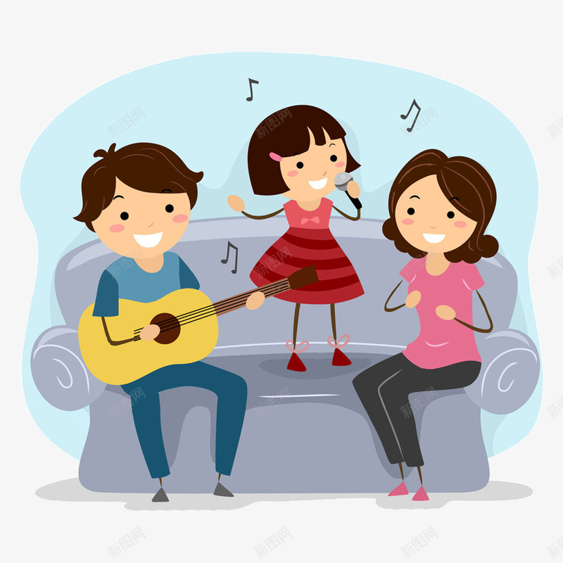 孩子唱歌给父母听png免抠素材_88icon https://88icon.com 合奏 吉他 女孩 孩子 孩子唱歌 家里 弹奏 拍手 插画 母亲 沙发 爸爸 音符