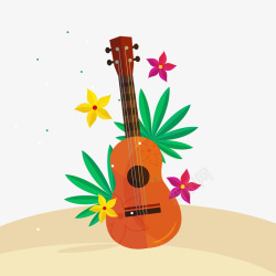 橙色吉他彩色夏威夷吉他和花卉高清图片