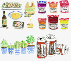 手绘水彩绘画食物绿植盆栽饮料素材