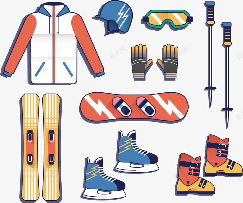 卡通彩色滑雪装备矢量图ai免抠素材_88icon https://88icon.com 冬季滑雪 护目镜 滑冰鞋 滑雪板 滑雪装备 矢量png 矢量图