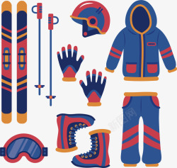 红蓝色冬季滑雪装备矢量图素材