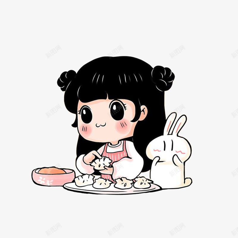 包饺子的长发女孩png免抠素材_88icon https://88icon.com 包饺子插画 包饺子的长发女孩 卡通小兔子 卡通手绘