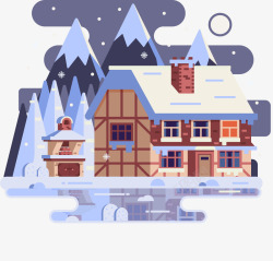 烟炊的房子卡通夜晚雪屋装饰矢量图高清图片