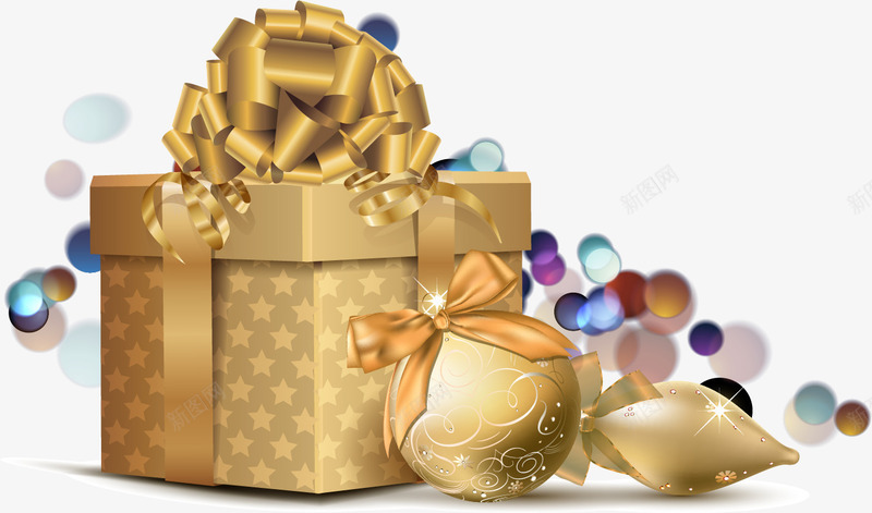 金色圣诞节礼盒png免抠素材_88icon https://88icon.com 圣诞节 礼盒 装饰球 金色