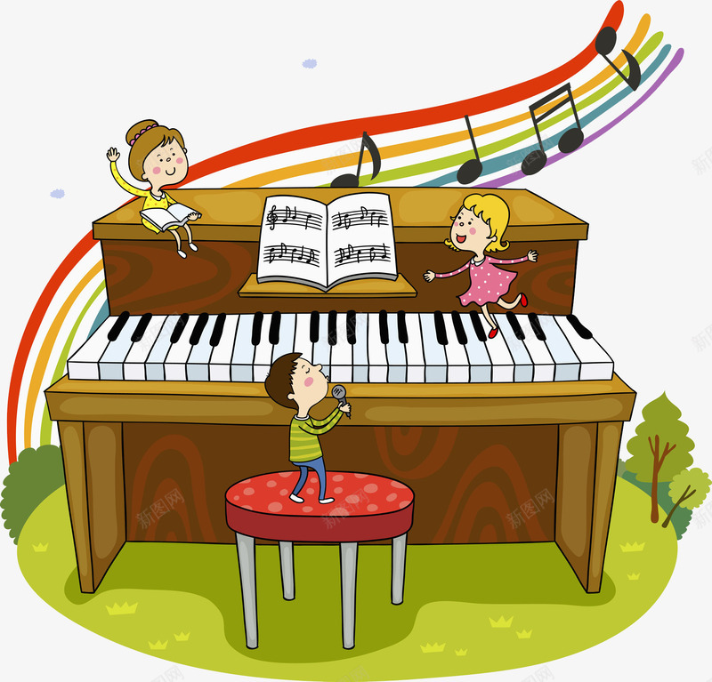 木质钢琴png免抠素材_88icon https://88icon.com 乐谱 彩虹 手绘 斑点 木质 椅子 钢琴 音符 黑白琴键