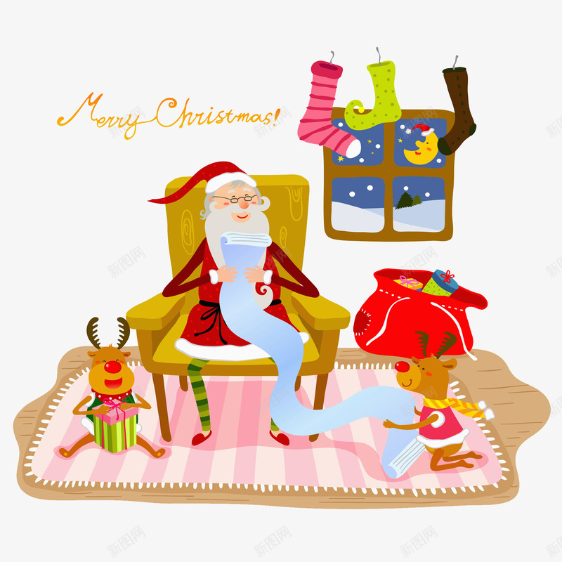 圣诞老爷爷拿着礼物清单png免抠素材_88icon https://88icon.com 创意 卡通 圣诞 地毯 多彩 手绘 英文 袜子