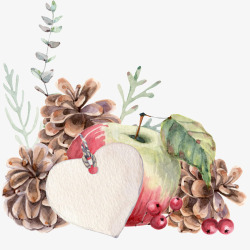 手绘水彩松果苹果樱桃素材