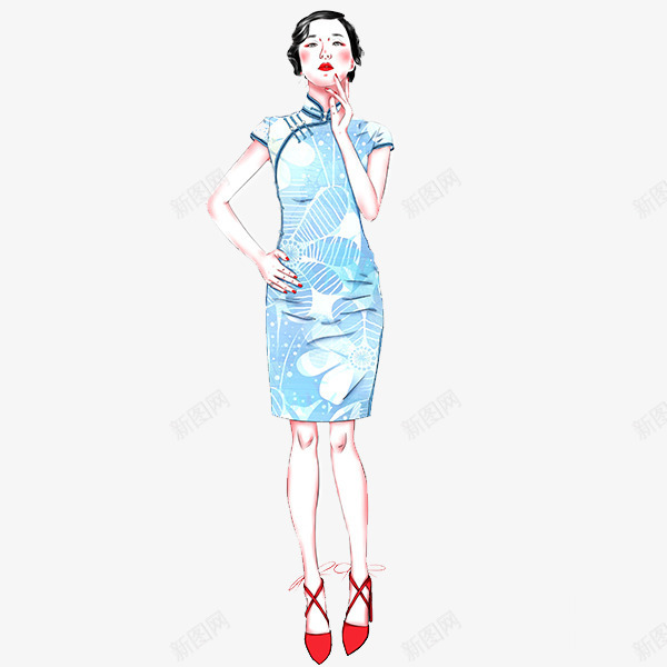 手绘旗袍女png免抠素材_88icon https://88icon.com 手绘穿旗袍的女人 手绘贵族小姐 旗袍 民国旗袍 穿着旗袍的女人 蓝色旗袍