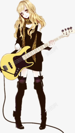 卡通黑色衣服女孩弹吉他素材