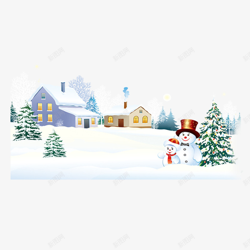 圣诞雪景psd免抠素材_88icon https://88icon.com 圣诞 房屋 村庄 雪景