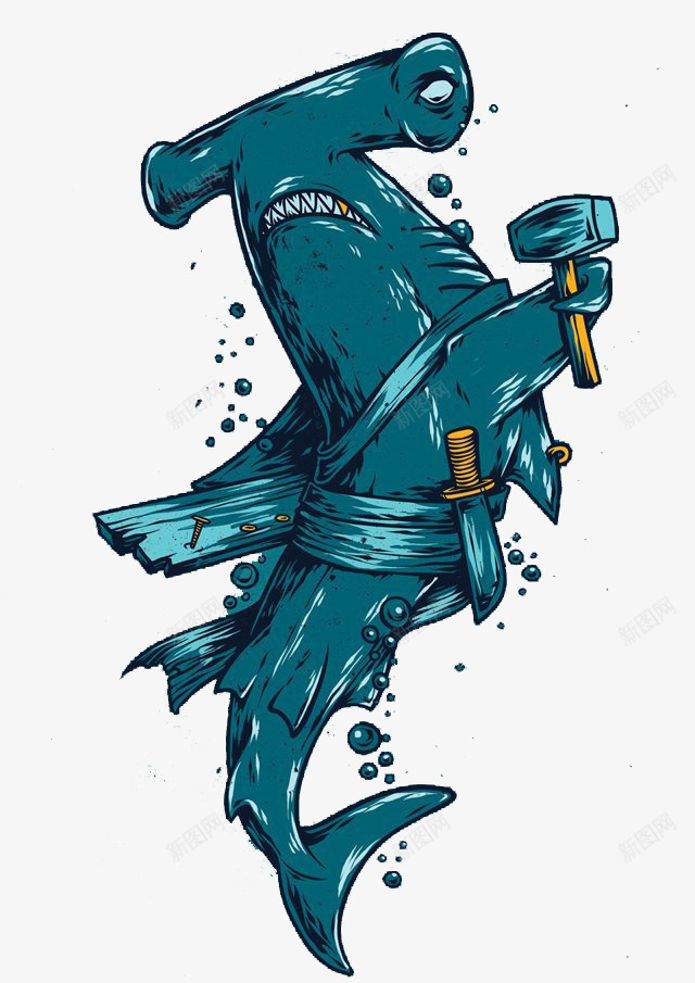 凶残的鲨鱼的印花psd免抠素材_88icon https://88icon.com 个性 体恤印花 创意 动物 尖牙 深色 蓝色 衣服 锤子 鱼类