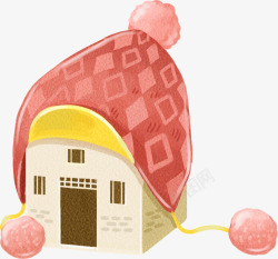 手绘卡通粉色帽子房子素材