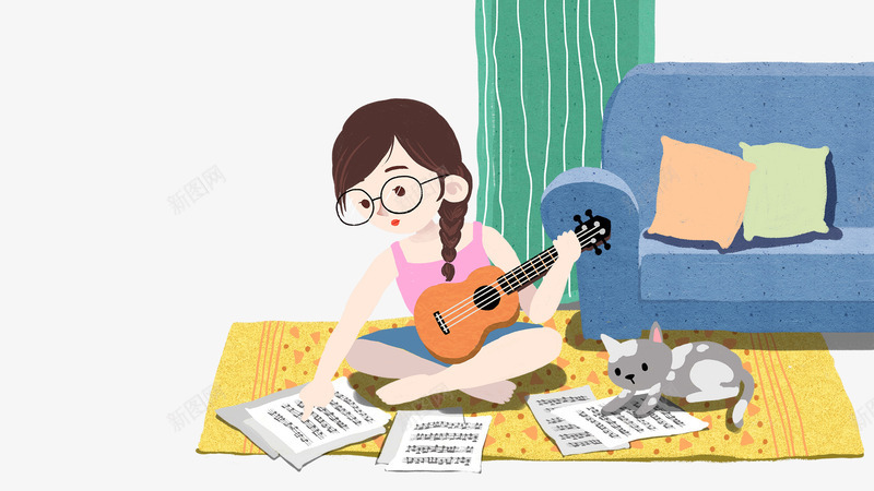 卡通手绘弹吉他写歌曲的女孩psd免抠素材_88icon https://88icon.com 写歌曲的女孩 卡通 弹吉他 手绘 新图网 猫咪装饰 纸张装饰 蓝色的沙发