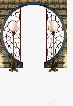 古典立柱灯中国风圆形窗户两边的灯高清图片