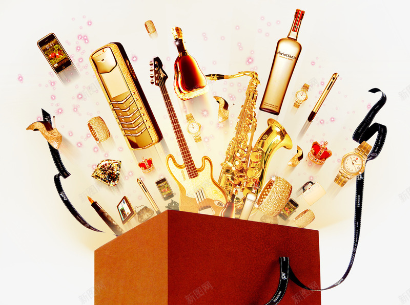 礼物盒png免抠素材_88icon https://88icon.com 分层 吉他 土豪金 手机 洋酒 礼物盒 礼物飞出 萨克斯 表 超炫
