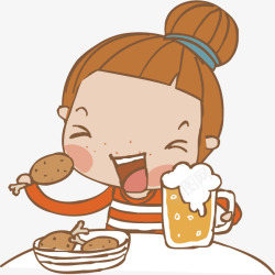 吃鸡肉喝啤酒的女孩卡通素材