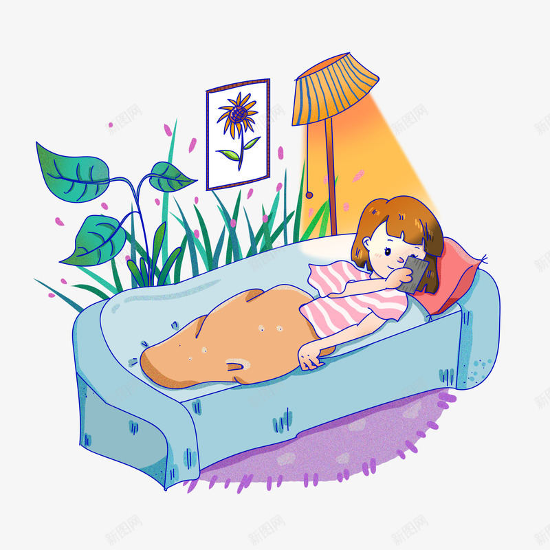 手绘卡通女孩躺在沙发上玩手机png免抠素材_88icon https://88icon.com 休闲 台灯 慵懒女孩 玩手机 躺在沙发上