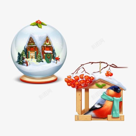 3Dpng免抠素材_88icon https://88icon.com 圣诞节 圣诞节素材 小鸟 素材 装饰 雪球