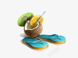 摄影夏天海滩的椰拖鞋子和素材