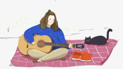 树下弹吉他女孩卡通手绘坐在红色毯子上弹吉高清图片
