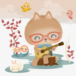 手绘弹吉他的小猫咪素材