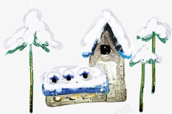手绘冬季雪景房屋装饰素材