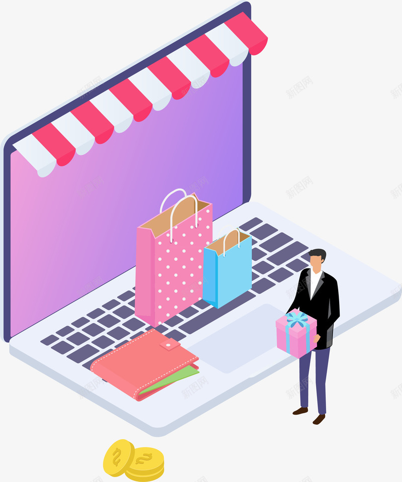 25D电脑购物立体插画矢量图ai免抠素材_88icon https://88icon.com 25D电商插画 25D电商立体插画 电商 电商插画 电商行业 电脑购物 矢量图