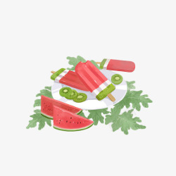 西瓜籽手绘西瓜冰棒和西瓜片高清图片