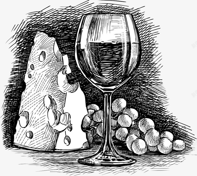 奶酪红酒素描插画png免抠素材_88icon https://88icon.com 红酒 红酒插画 葡萄酒
