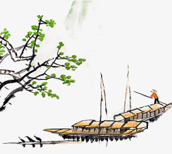 绘画船中国风江上渔夫划船高清图片