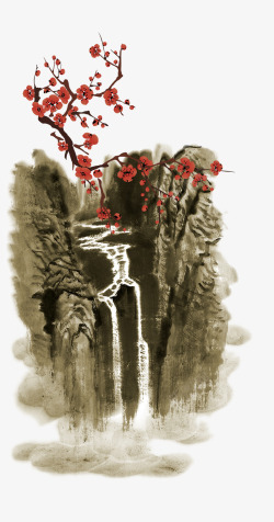 中国风水墨大山瀑布素材