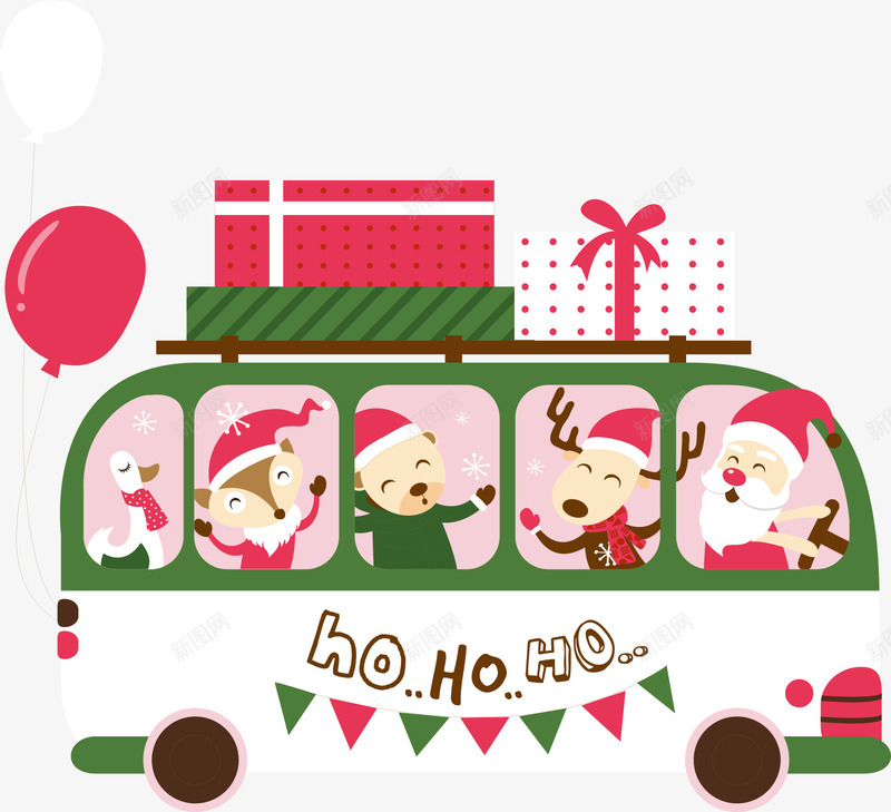 圣诞节多彩礼物png免抠素材_88icon https://88icon.com 呆萌动物 圣诞老人 圣诞节礼物 多彩礼物 红色气球 绿色大巴车