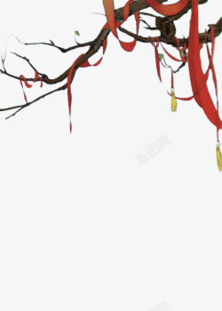 红色丝带挂在桃花树枝上素材
