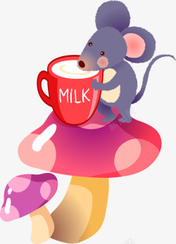 可爱老鼠在蘑菇上喝牛奶素材