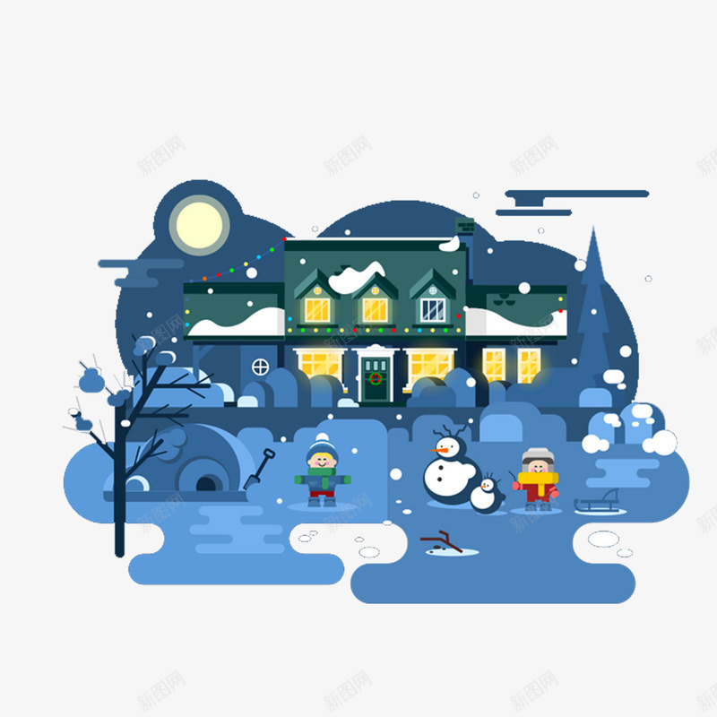 下雪夜png免抠素材_88icon https://88icon.com 下雪 夜晚 手绘