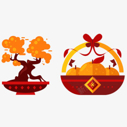 红色中国风节日盆景果篮装饰素材