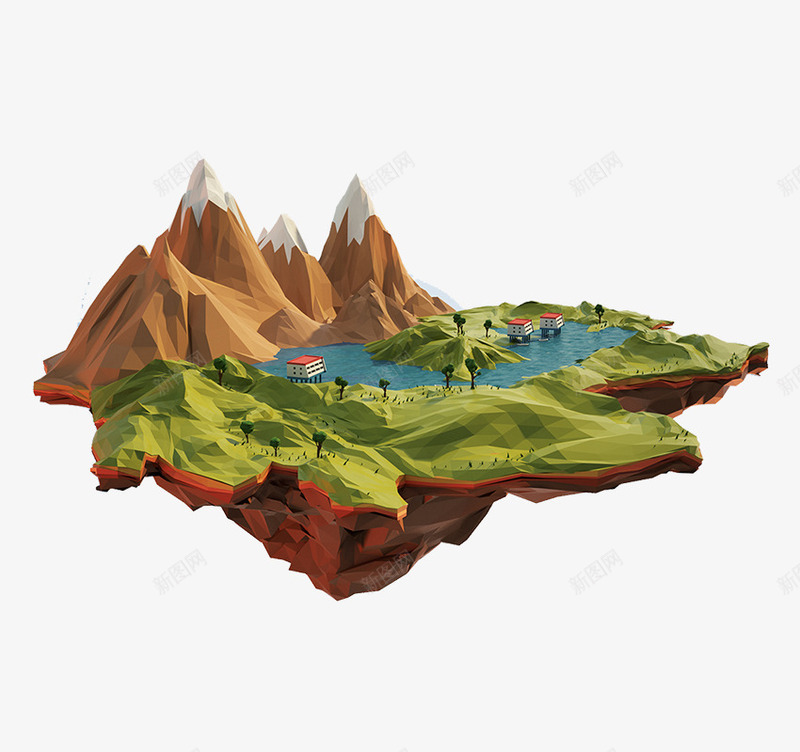 卡通高山草地图png免抠素材_88icon https://88icon.com 3D 三维 卡通 大树 河流 立体 草地 雪山