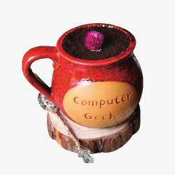 红色陶瓷杯里的盆栽奶茶素材