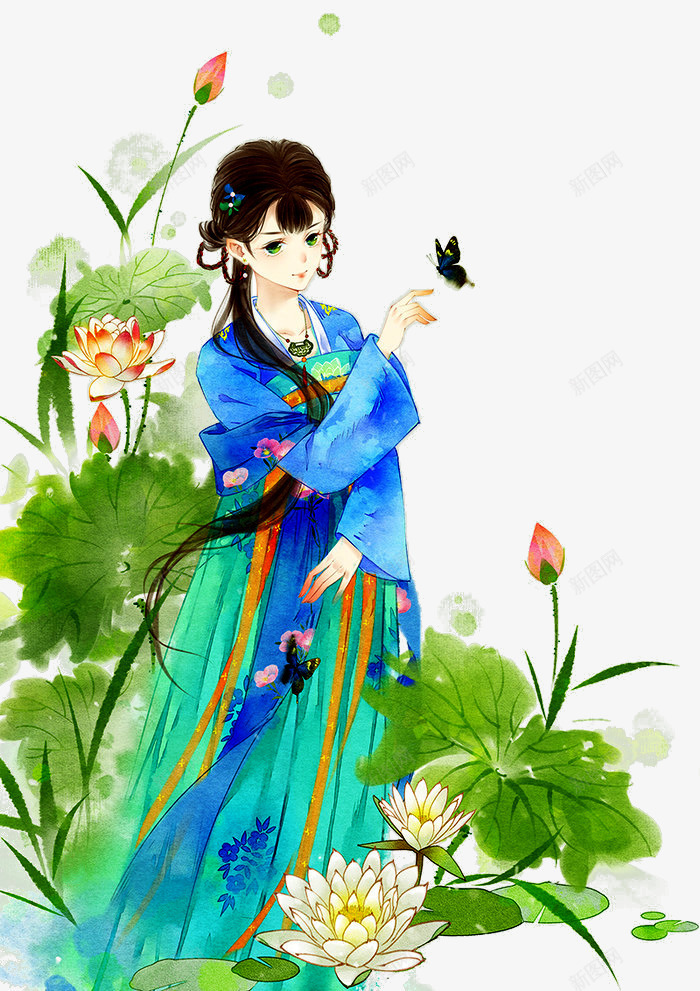 荷花从中的女孩png免抠素材_88icon https://88icon.com 中国风 古风 手绘女孩 手绘女孩png 手绘女孩免抠 水彩 荷花 莲叶 莲花 蝴蝶