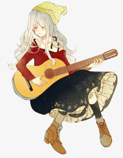 卡通立绘抱着吉他的女孩素材