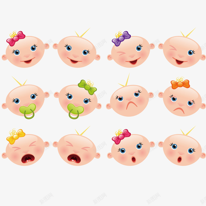 超可爱婴儿头像表情矢量图ai免抠素材_88icon https://88icon.com 哭 头像 奶嘴 婴儿 笑 蝴蝶结 表情 矢量图