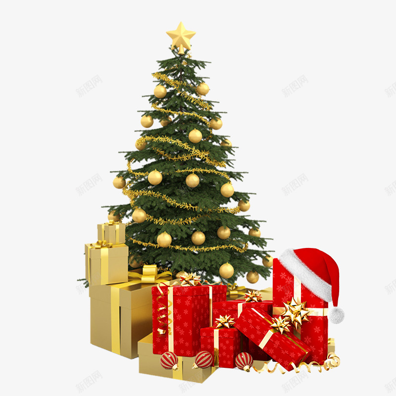绿色圣诞树节日元素psd免抠素材_88icon https://88icon.com 喜庆 礼物 红色帽子 绿色圣诞树 节日 金色彩球