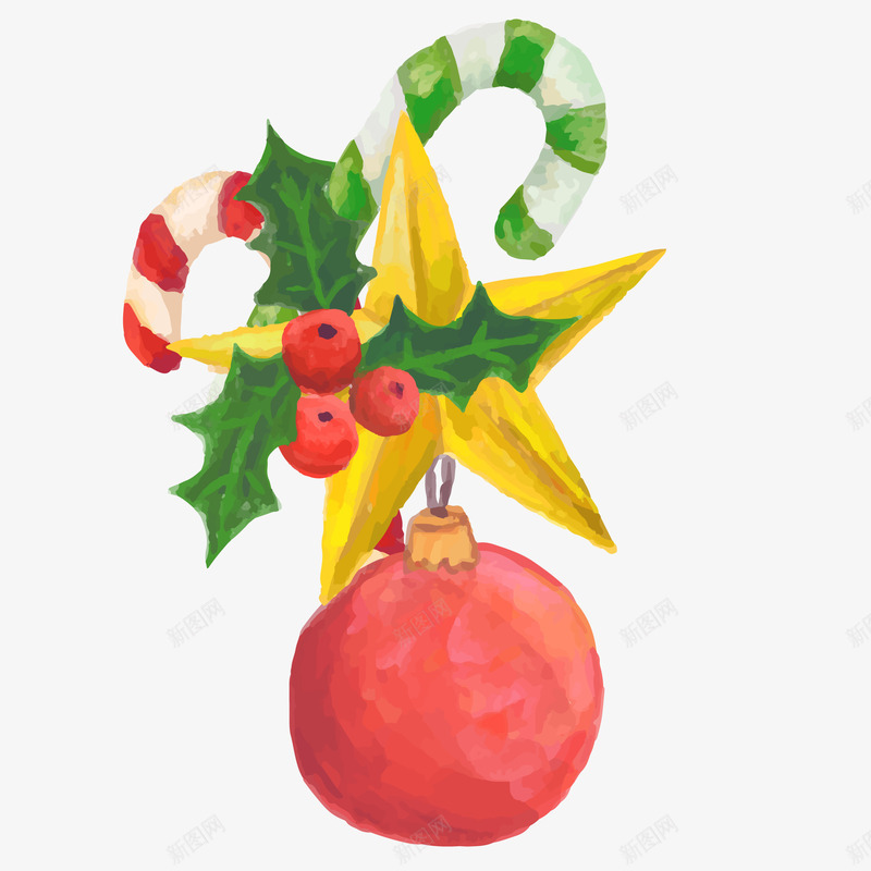 圣诞节水彩装饰元素矢量图ai免抠素材_88icon https://88icon.com Christma Christmas 冬青 圣诞彩球 圣诞节 拐杖 水彩 节日装饰 矢量图