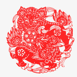 中国风剪纸逗红醒狮素材