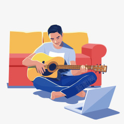 手绘卡通沙发前弹吉他的男人素材
