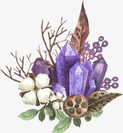 水彩紫水晶羽毛花卉装饰矢量图素材