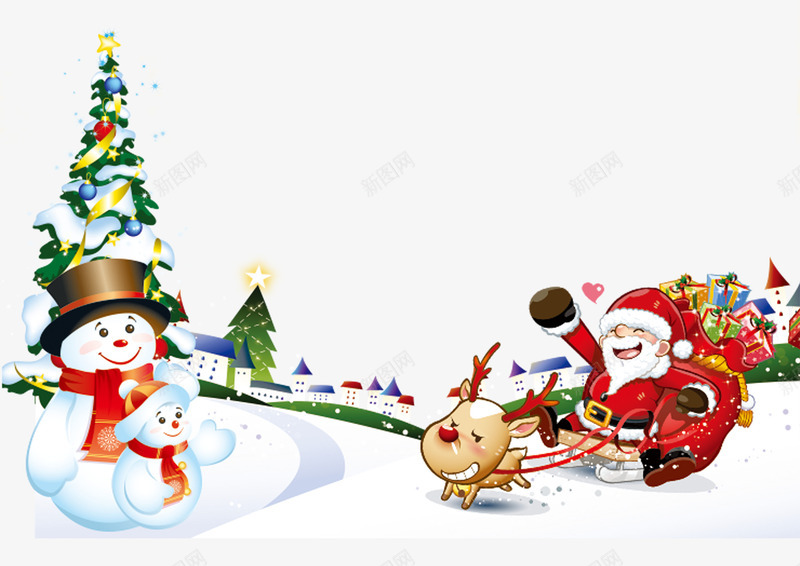 圣诞节雪人圣诞老人png免抠素材_88icon https://88icon.com 免抠圣诞树 圣诞树 圣诞老人 红色的雪球 雪地里的树木 麋鹿拉雪橇