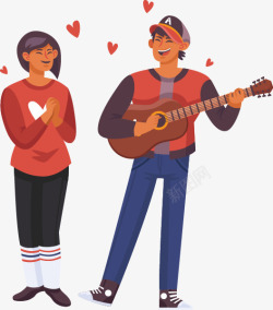 手绘人物插图相爱的情侣弹吉他唱素材