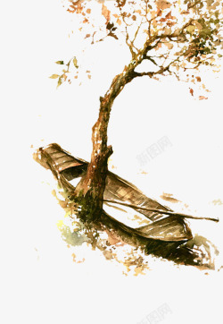 手绘木船手绘枫树高清图片