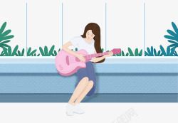 粉色的吉他卡通手绘女孩坐在阳台上弹吉高清图片